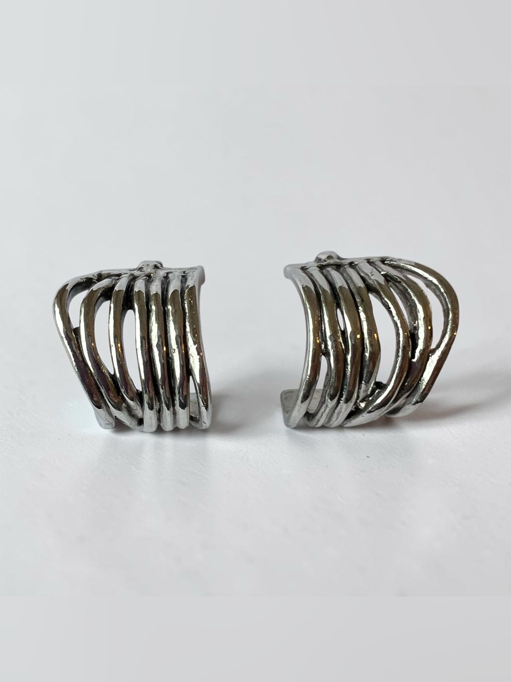 Chunky Silver Tone Sculptural Openwork C Hoop Stud Earrings Statement Half-Hoops